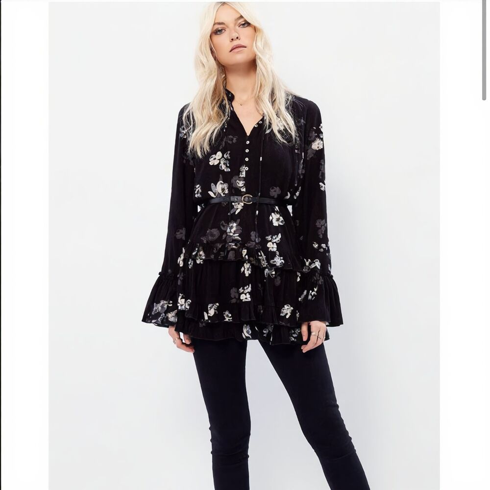 Free People Cloverfield Printed Tunic Black Floral Ruffle Bell Sleeve Boho Top